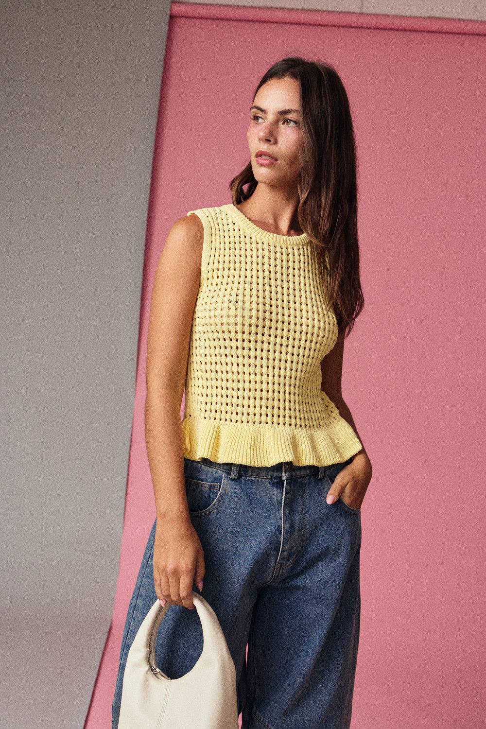 Butter Yellow Sleeveless Open Knit Peplum Top