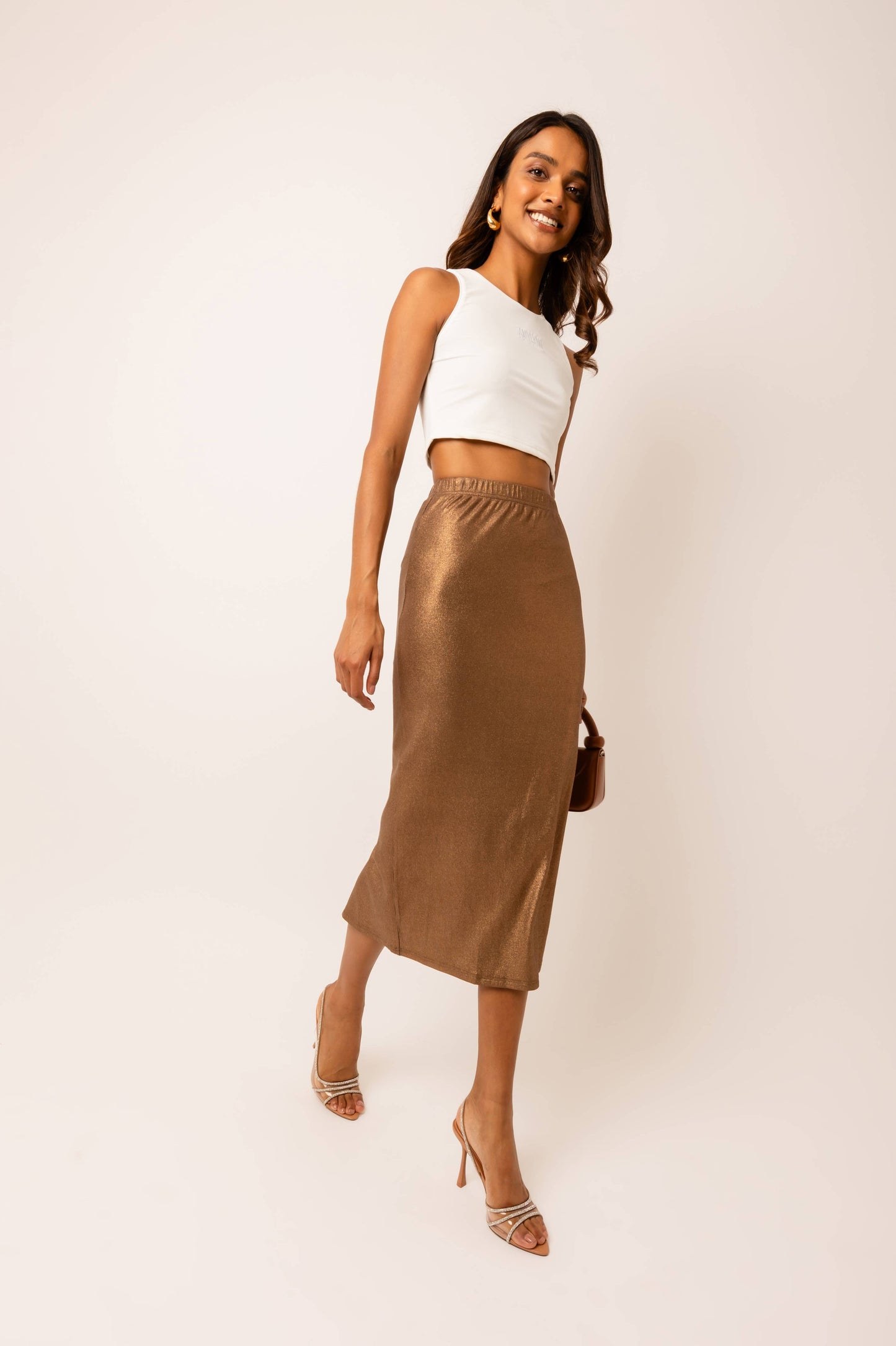 Metallic Latte Midi Skirt