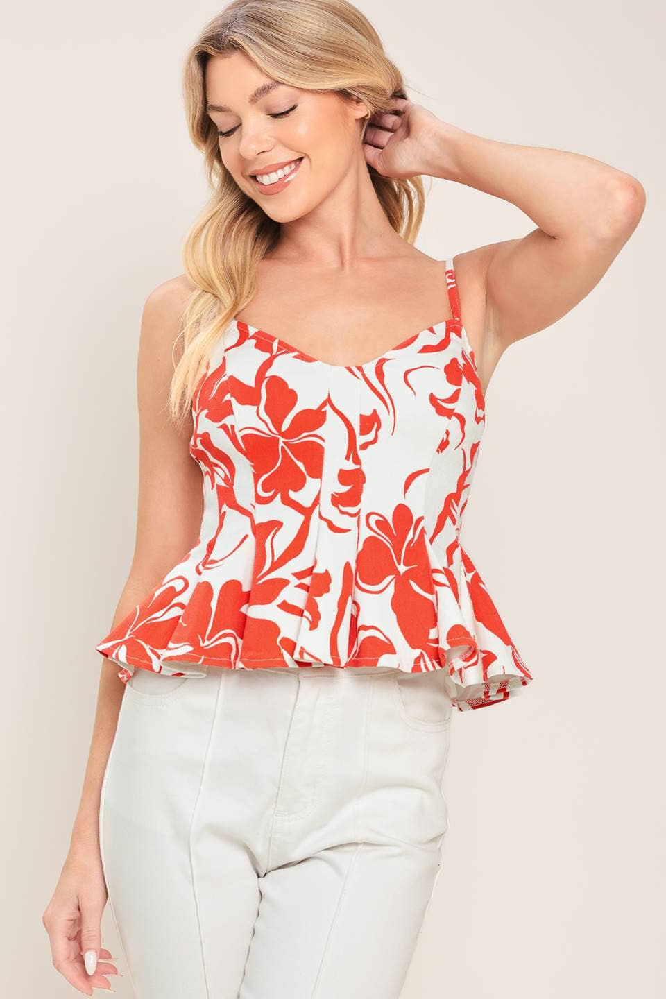 Red White Tropical Printed Tencel Top