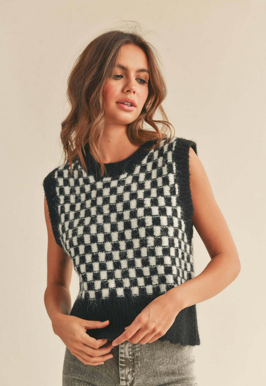 Black White Checkered Knit Vest