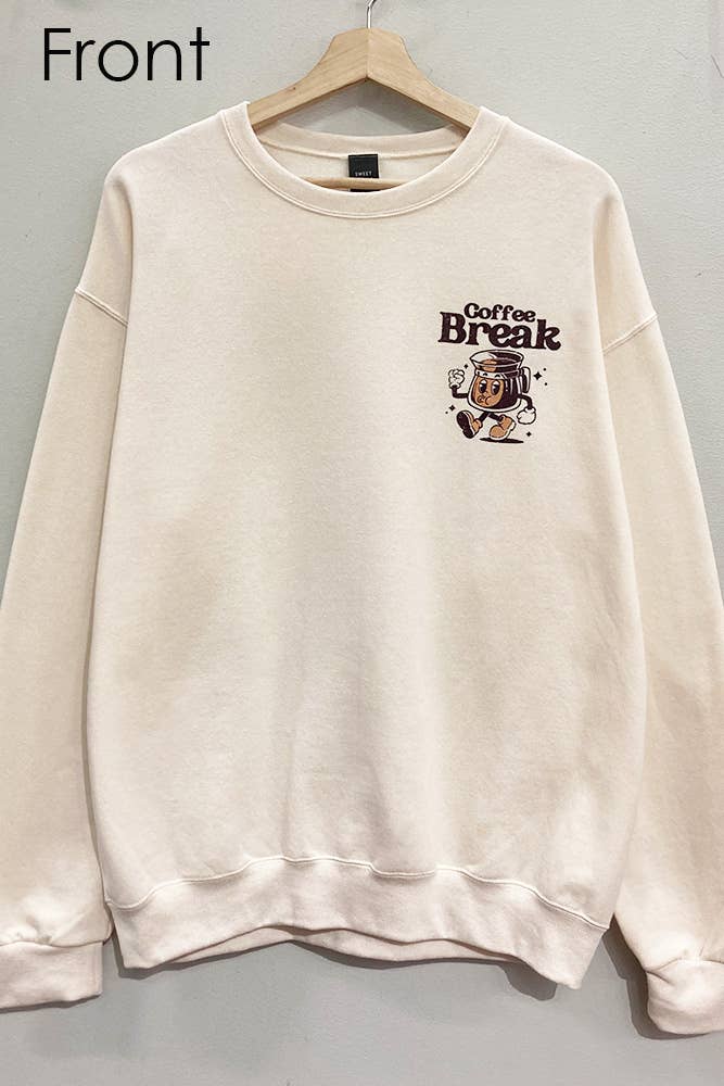 Beige sweatshirt with 'Coffee Break' graphic on a hanger against a gray background