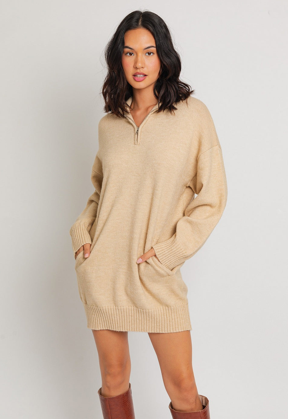 Cream Half Zip Tunic Sweater Dress