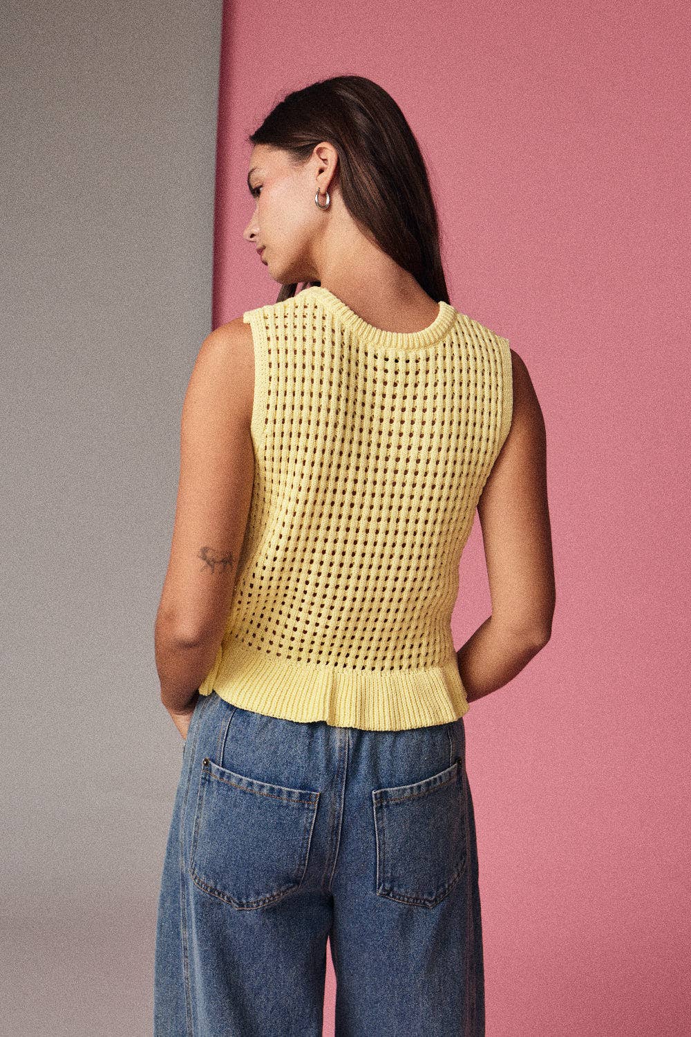 Butter Yellow Sleeveless Open Knit Peplum Top