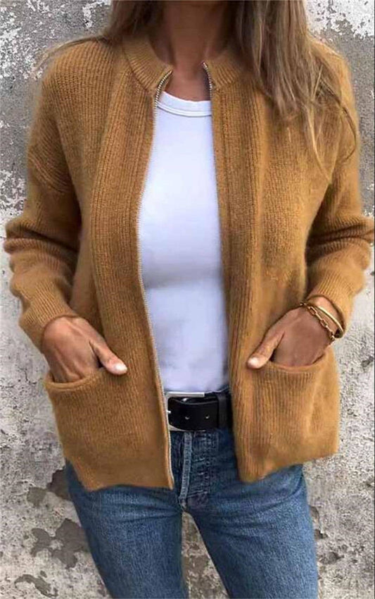 Round Collar Chic Zip Up Cardigan