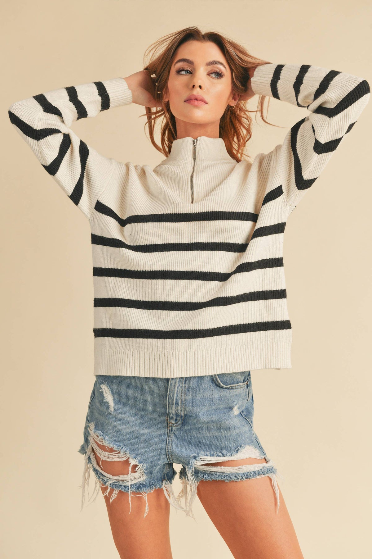 Striped Rib Knit 1/4 Zip Pullover