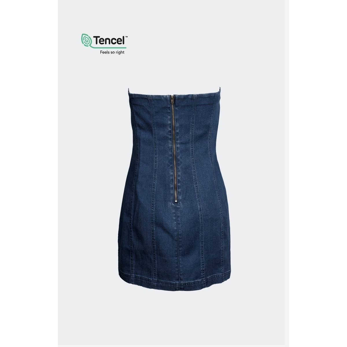Blue denim skirt on a white background with Tencel logo.