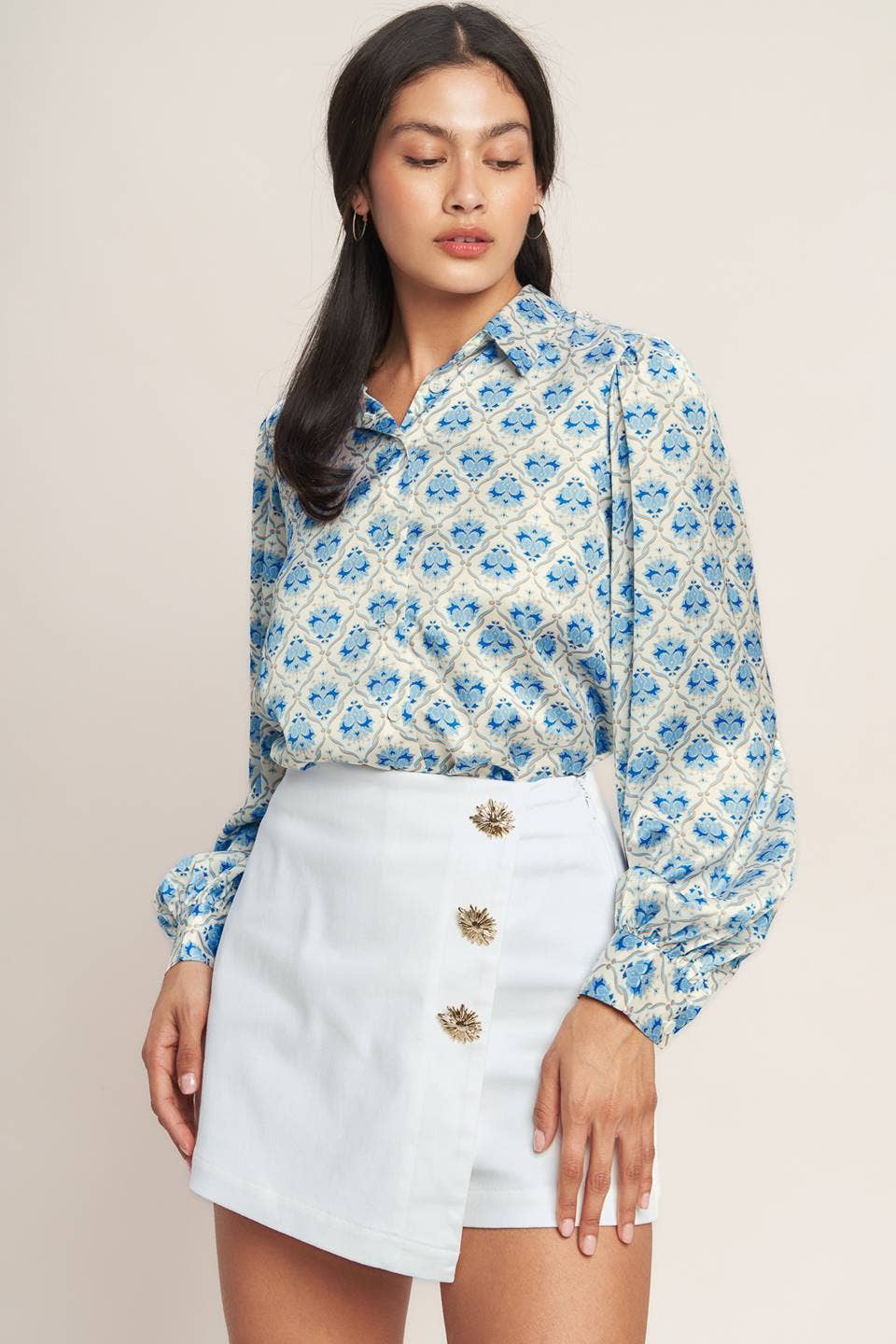 White Denim Skort Sunburst Button Detail
