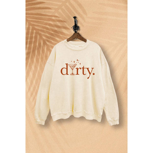 White sweatshirt with 'dirty' text on a beige background