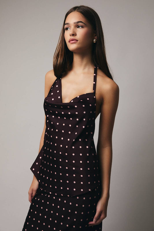 Wine n Rose Polka Dot Halter Cowl Neck Top
