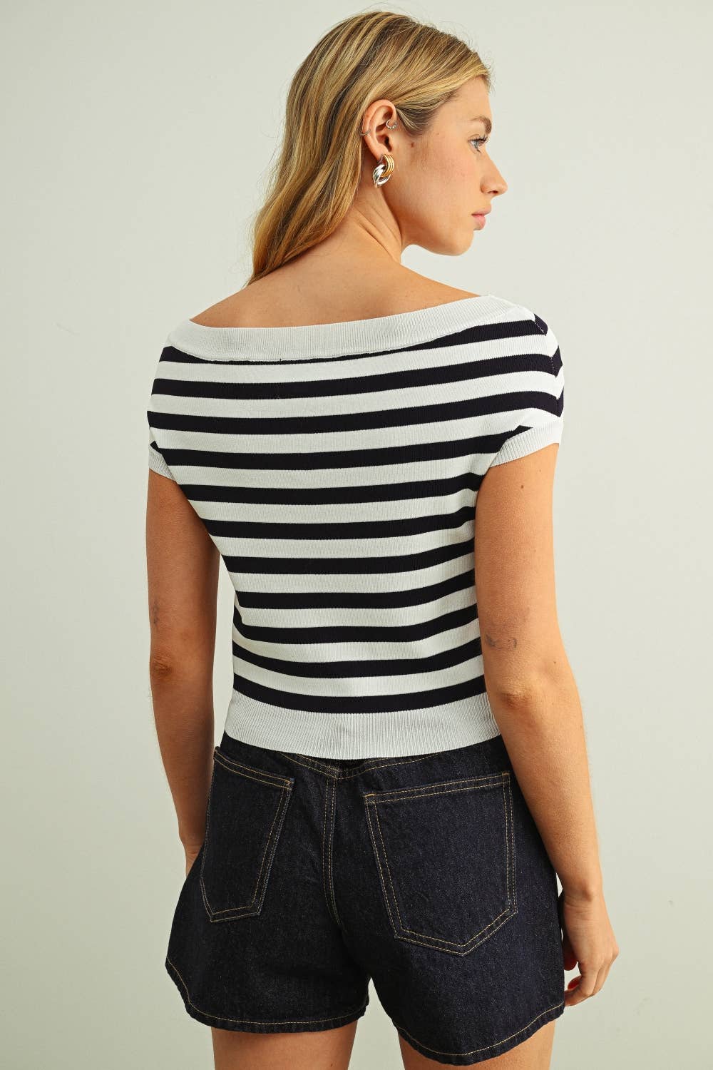 Cap Sleeve Boat Neck Stripe Top