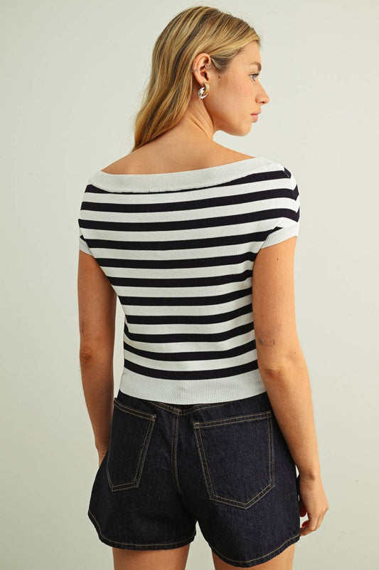 Cap Sleeve Boat Neck Stripe Top