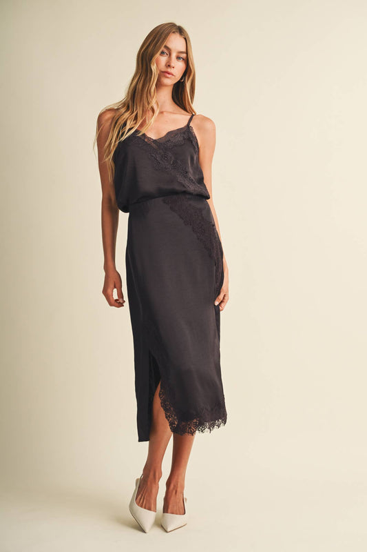 Lace-Inset High-Slit Column Skirt
