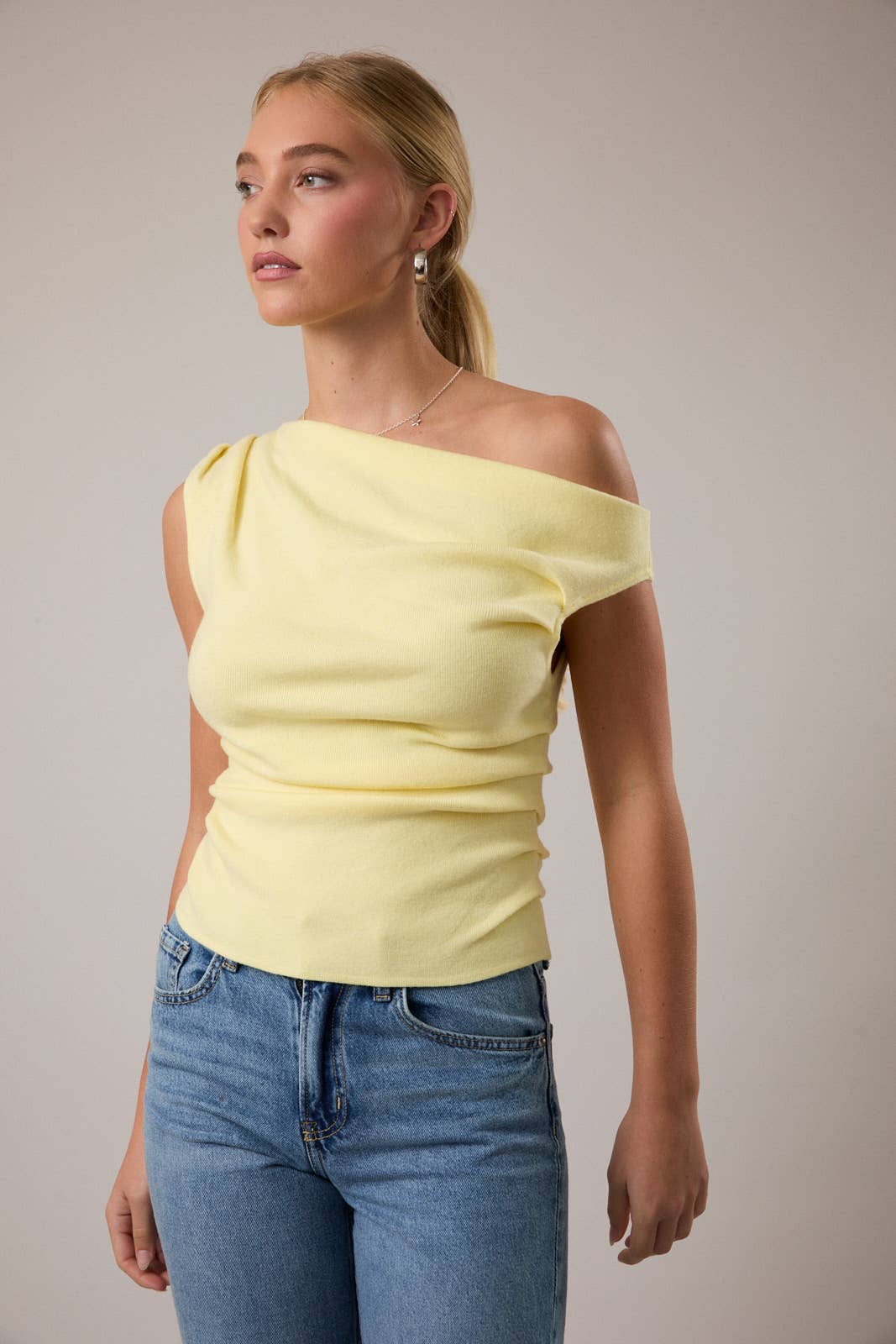 Pale Yellow Asymmetrical Neck Knit Top