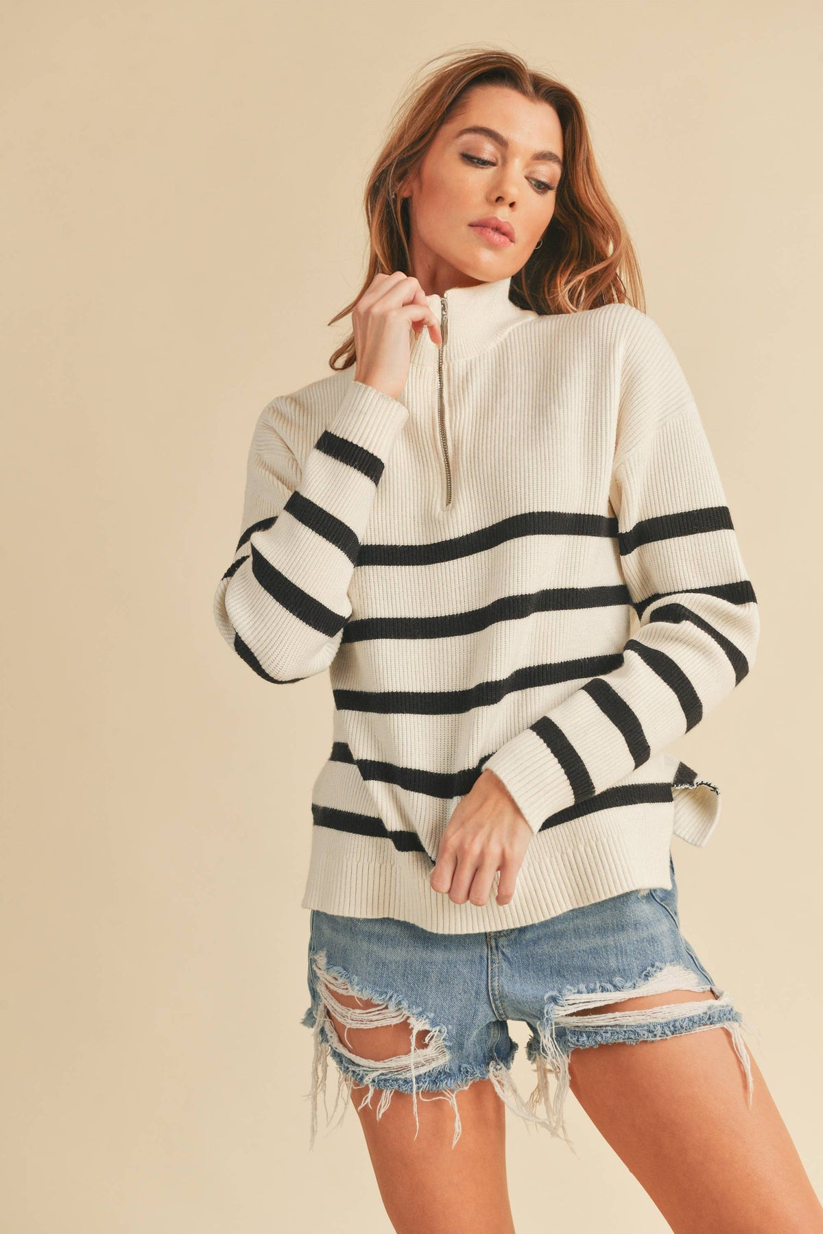 Striped Rib Knit 1/4 Zip Pullover