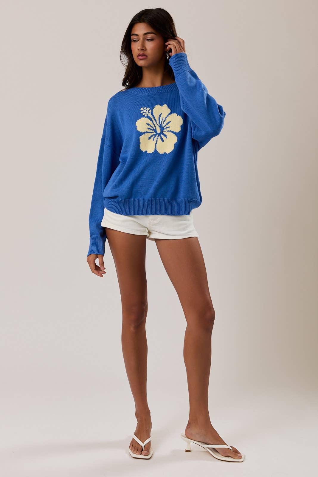 LONG SLEEVE CREW NECK HIBISCUS GRAPHIC SWEATER - Jade Creek Boutique