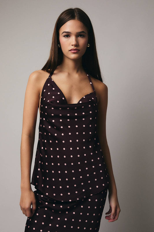 Wine n Rose Polka Dot Halter Cowl Neck Top