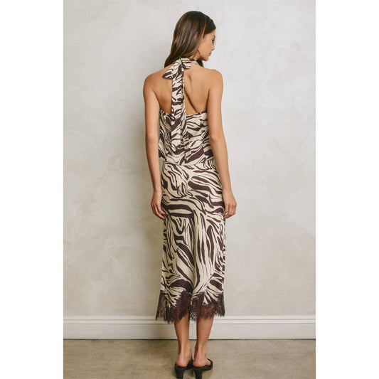 Brown Zebra Lace Hem Midi Skirt