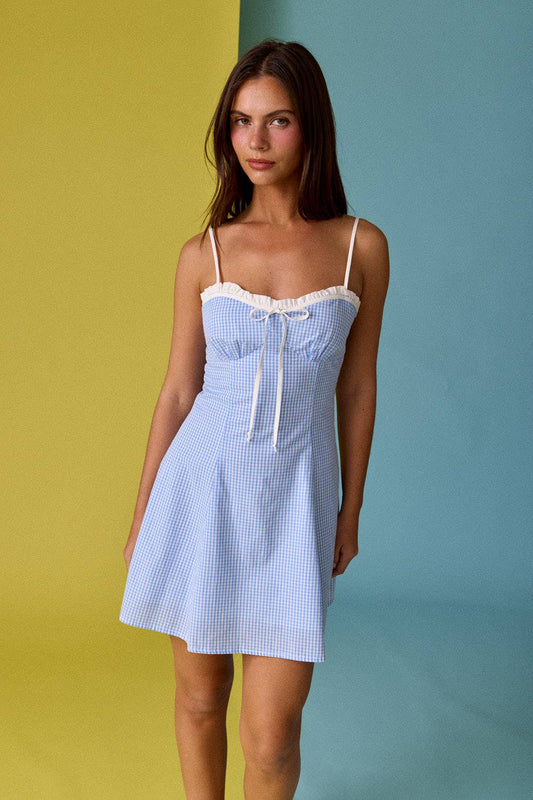 Blue Gingham Tie Front Dress - Jade Creek Boutique
