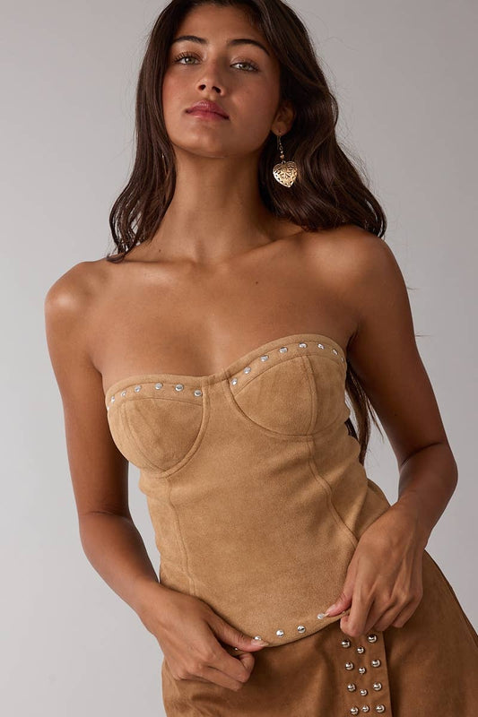 Suede Studded Scallop Strapless Top