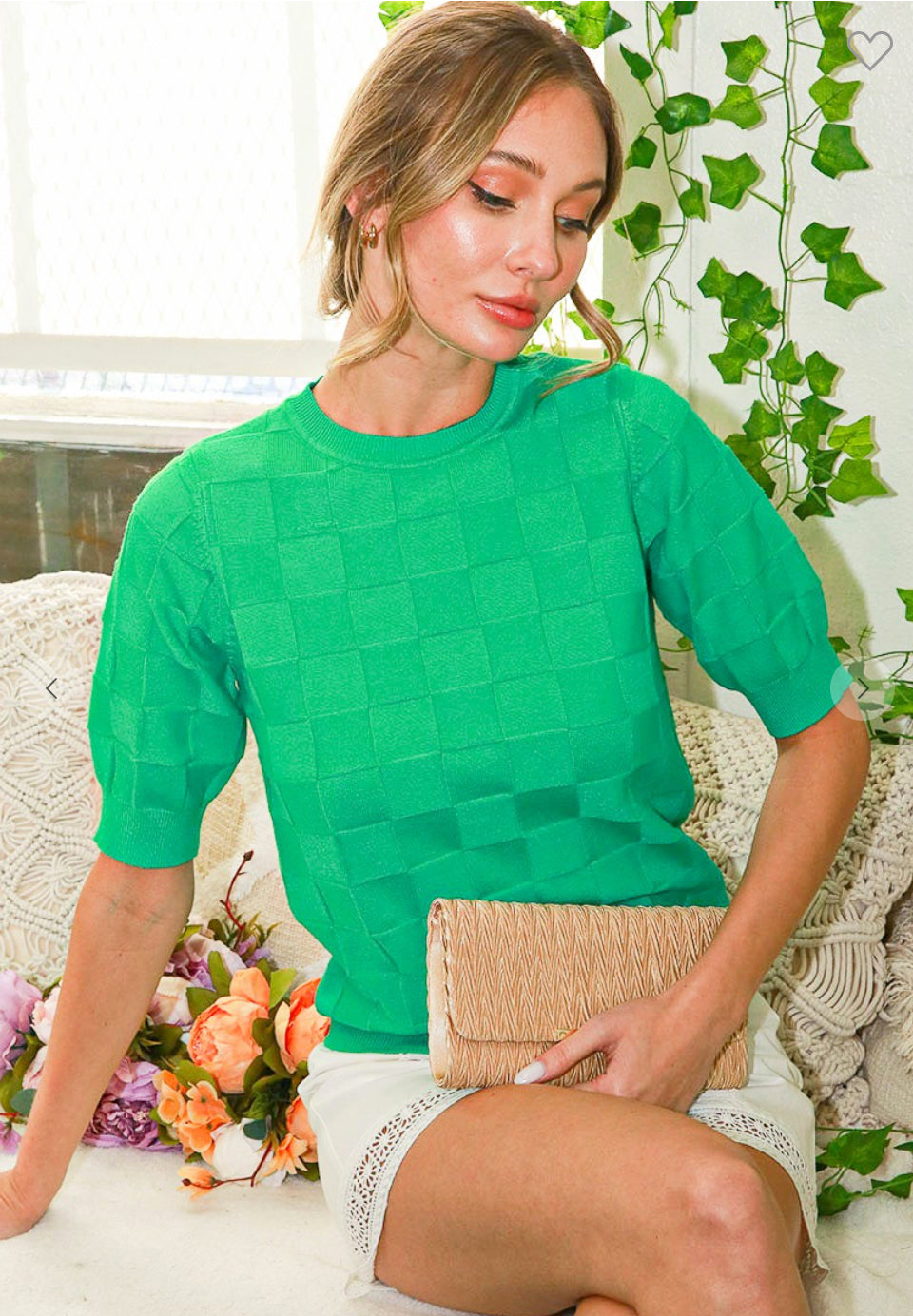 Green Checkered Knit Top