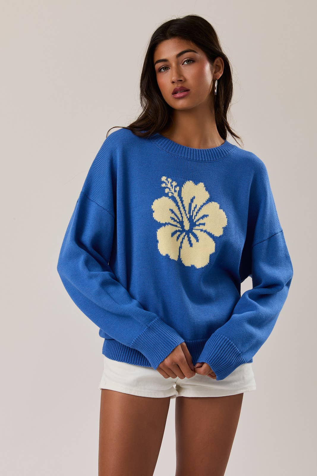 LONG SLEEVE CREW NECK HIBISCUS GRAPHIC SWEATER - Jade Creek Boutique