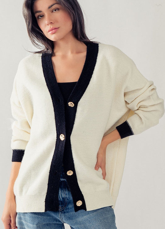 Luxe White Black Contrast Hem Cardigan