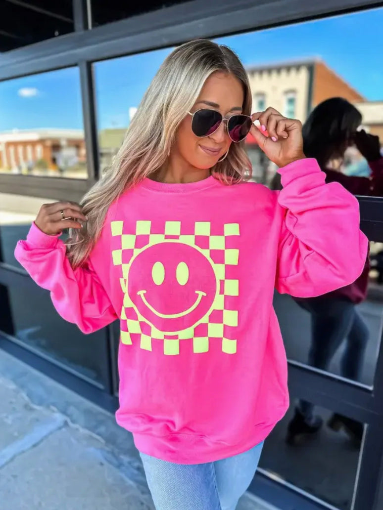 Hot Pink Checkered Smiley Sweatshirt