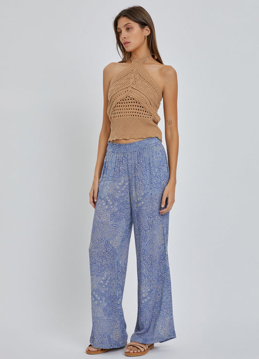 Blue Printed Wide Leg Pants