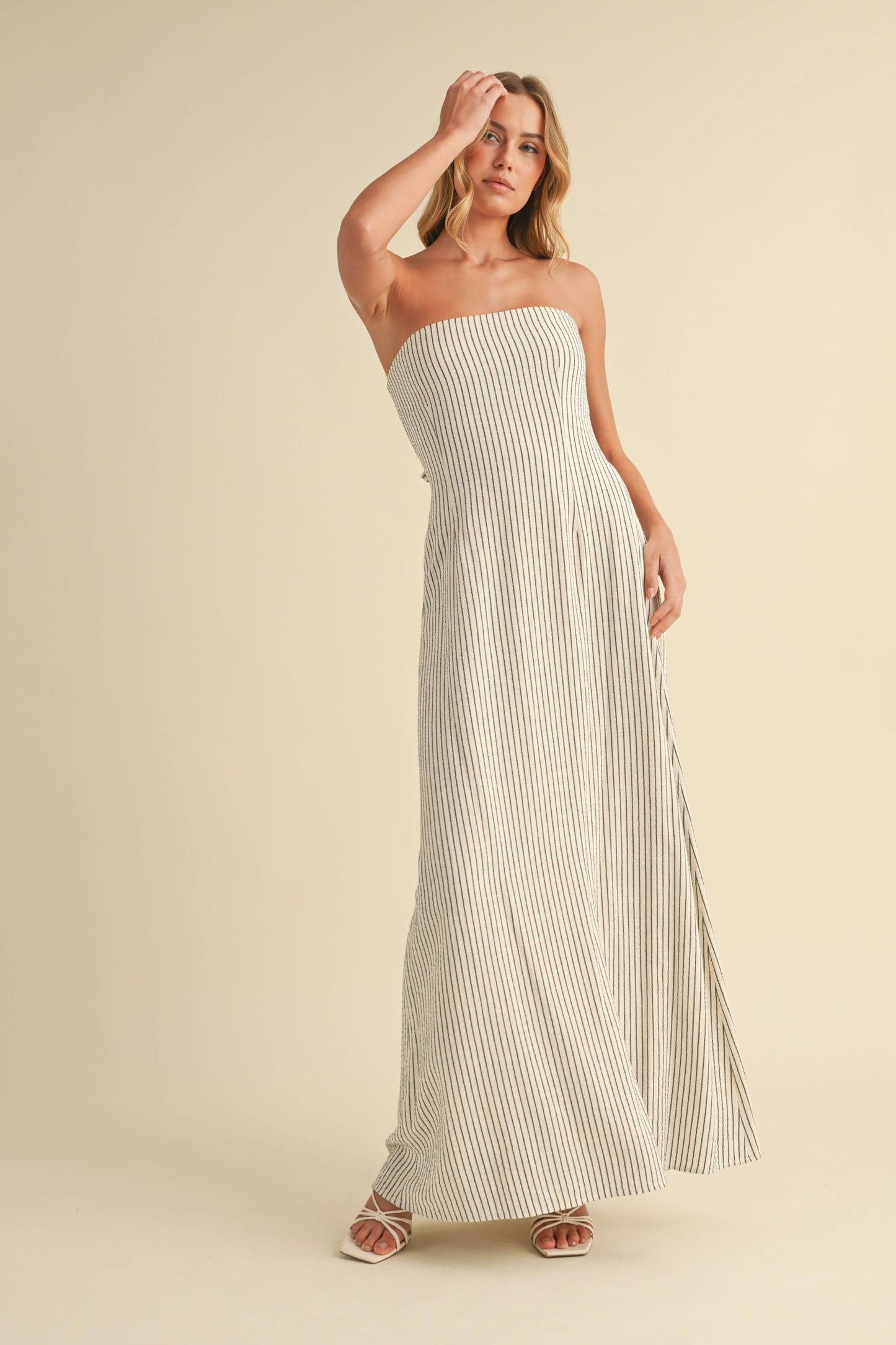 STRIPED LONG BACK TIE STRAPLESS MAXI DRESS - Jade Creek Boutique