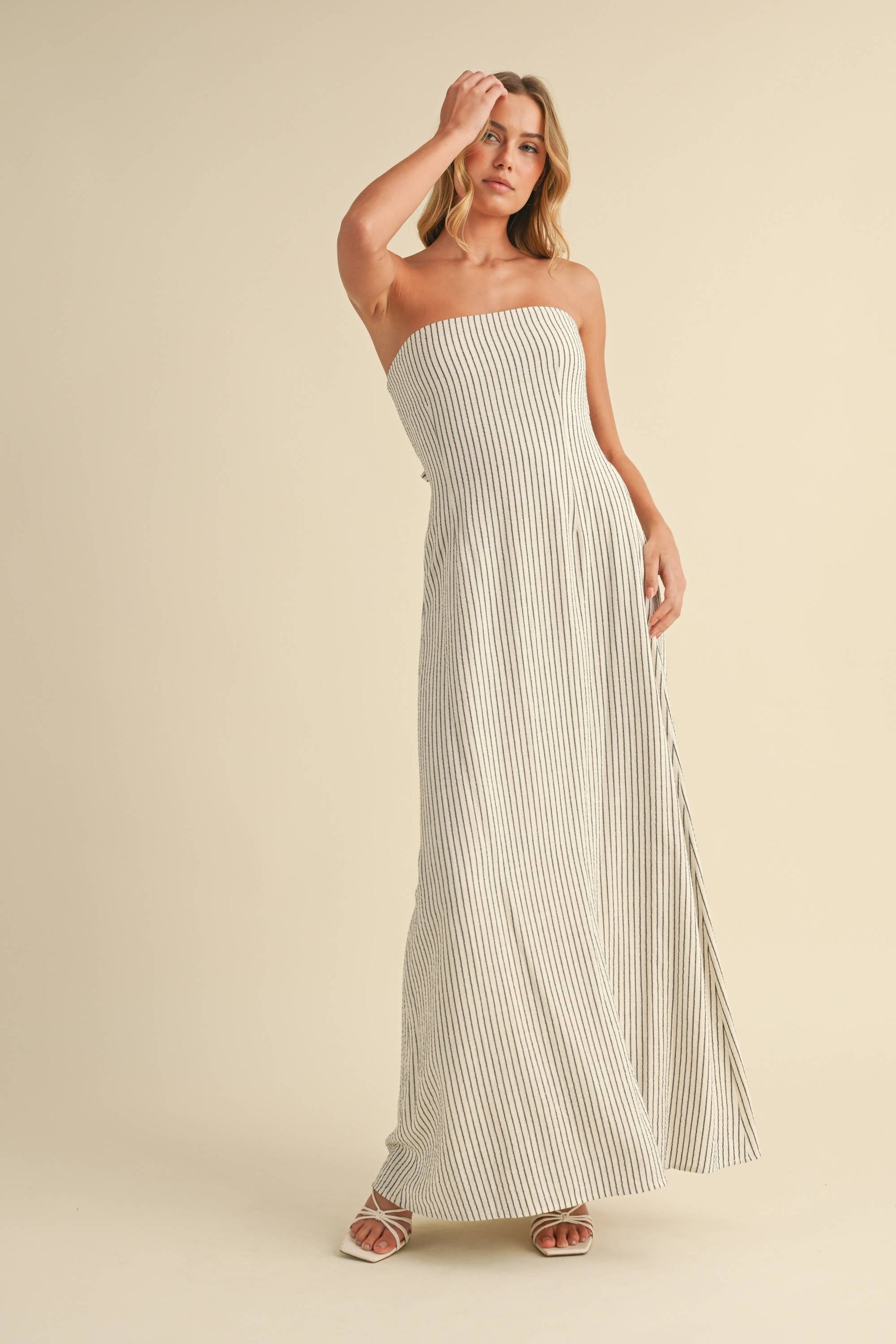 STRIPED LONG BACK TIE STRAPLESS MAXI DRESS - Jade Creek Boutique
