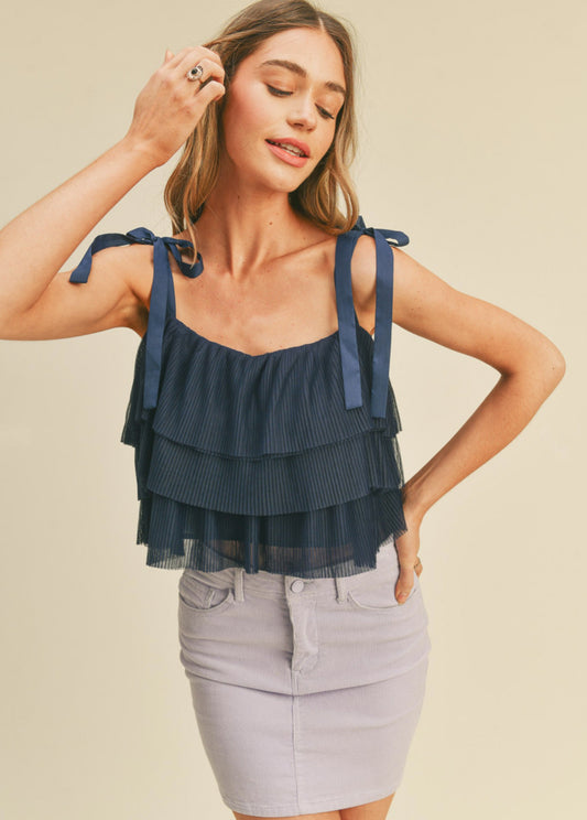 Navy Tiered Pleated Top