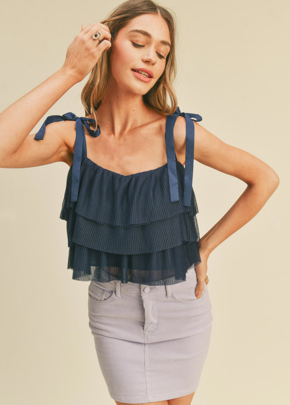 Navy Tiered Pleated Top - Jade Creek Boutique