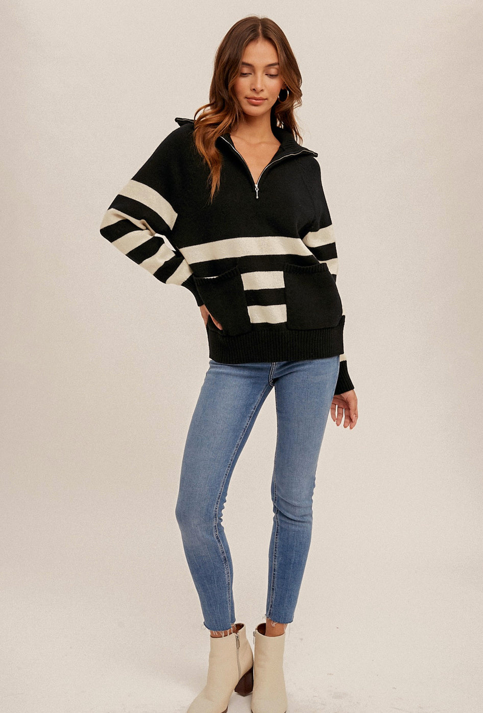 Black Striped Half Zip Sweater