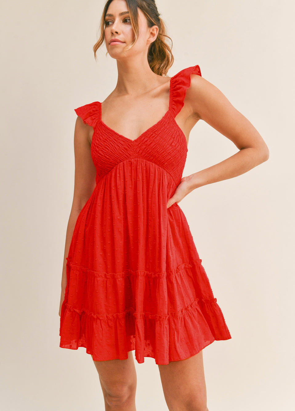 Red Smocked Top Babydoll Dress