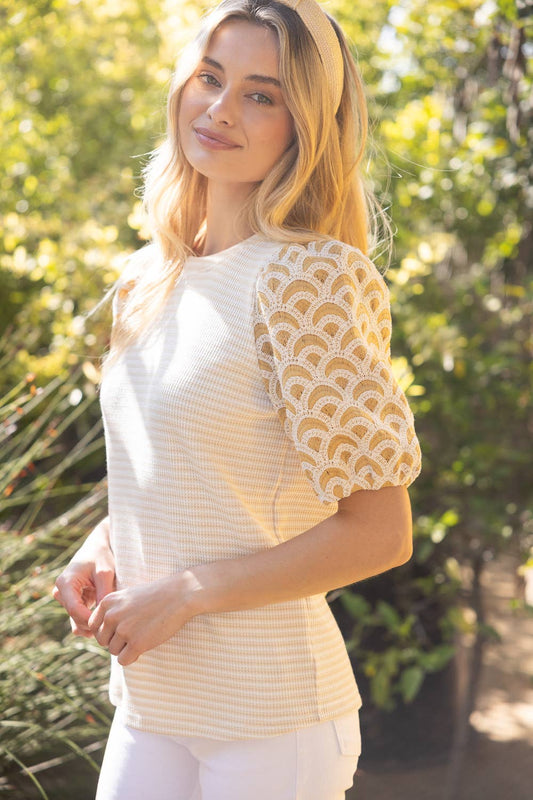 Embroidered Scallop Sleeve Striped Knit Top