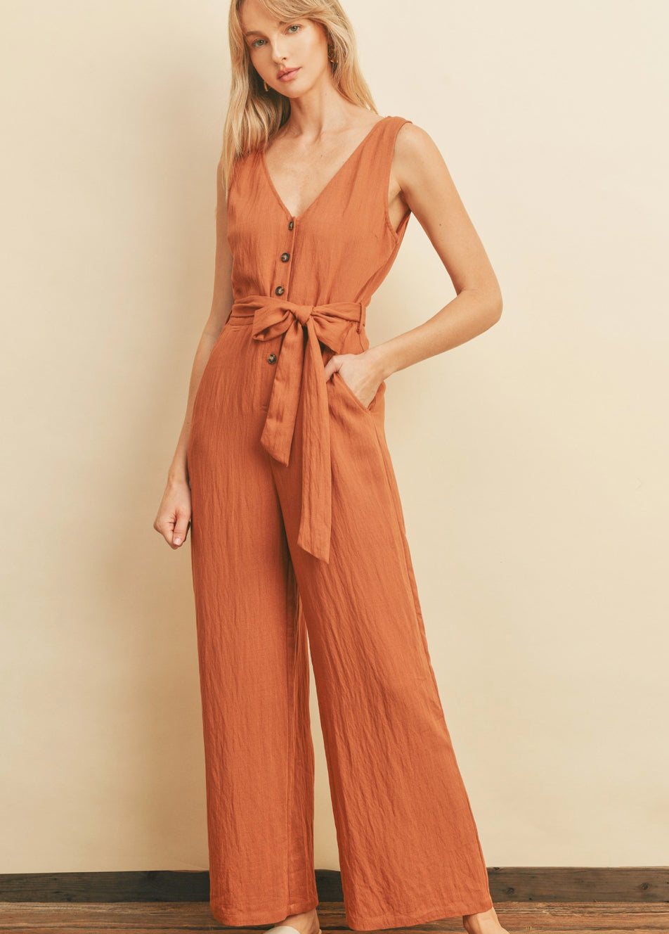 Copper Sleeveless Button Up Jumpsuit