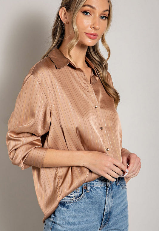 Gold Pinstripe Sateen Button Up