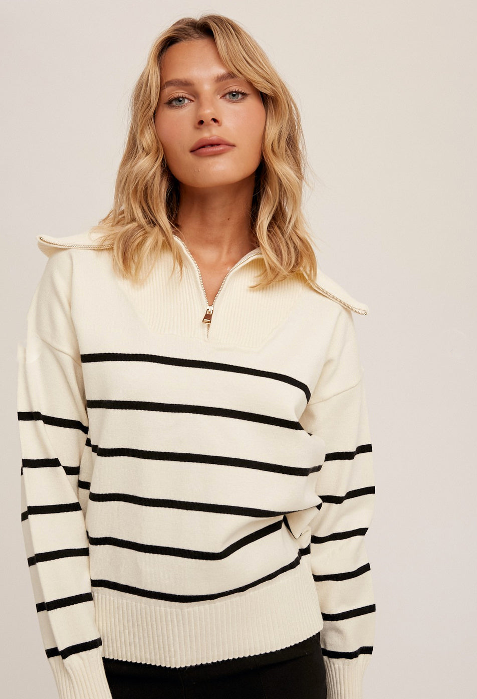 Half Zip Ivory Black Striped Sweater