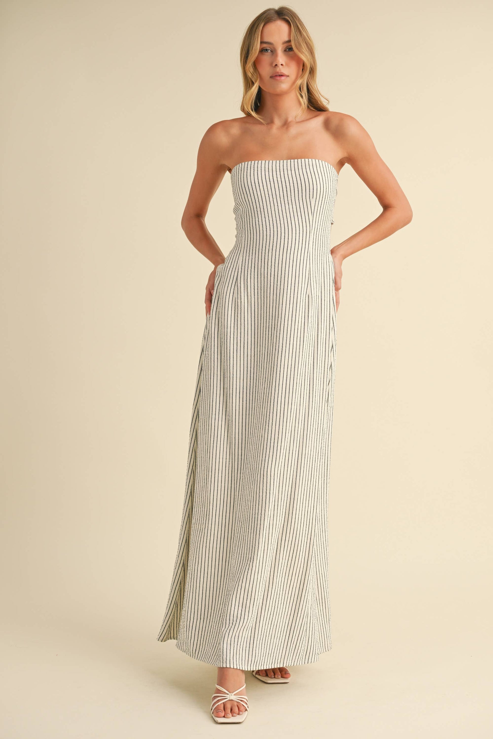  STRIPED LONG BACK TIE STRAPLESS MAXI DRESS - Jade Creek Boutique