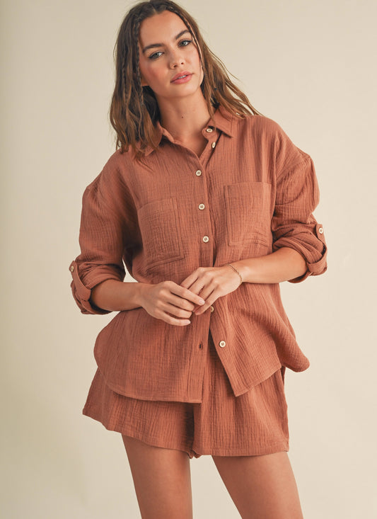 Tawny Gauze Lounge Button Up