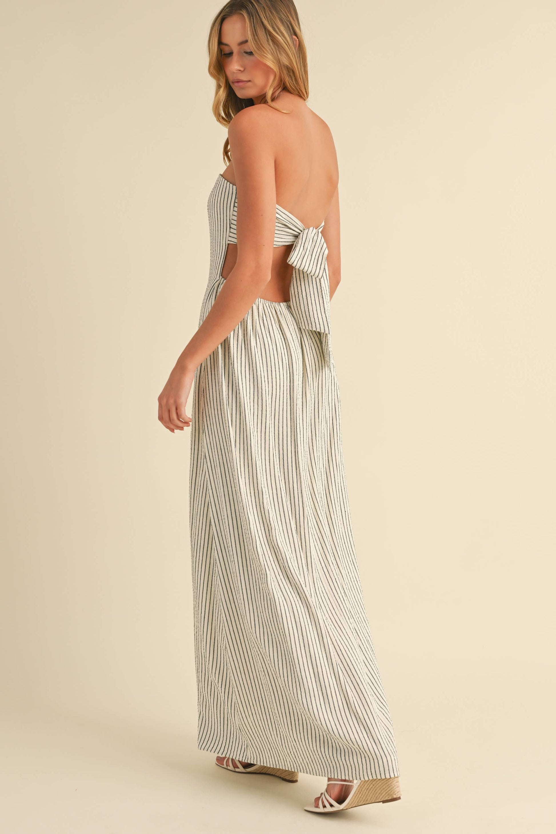 STRIPED LONG BACK TIE STRAPLESS MAXI DRESS - Jade Creek Boutique