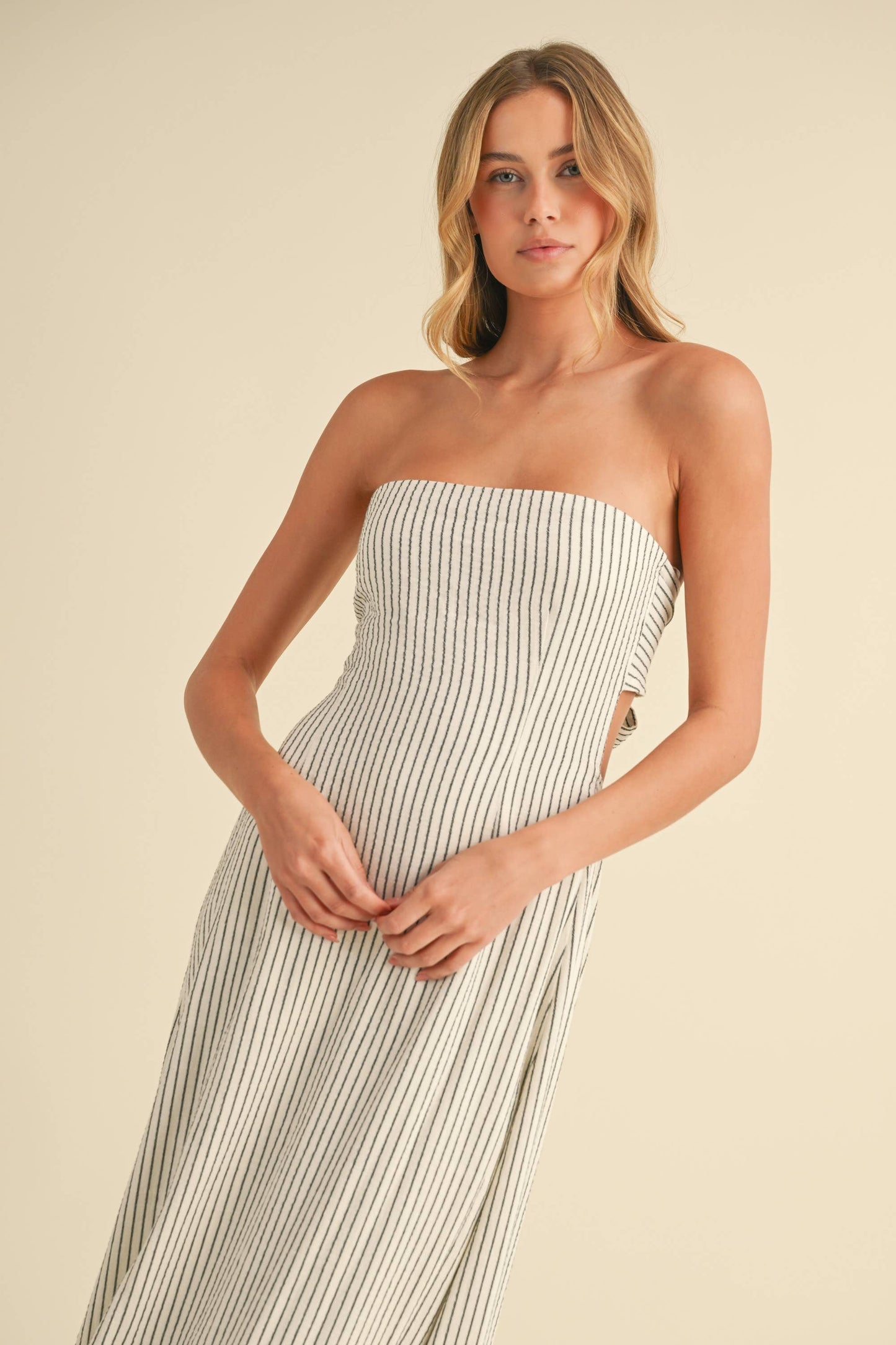 STRIPED LONG BACK TIE STRAPLESS MAXI DRESS - Jade Creek Boutique