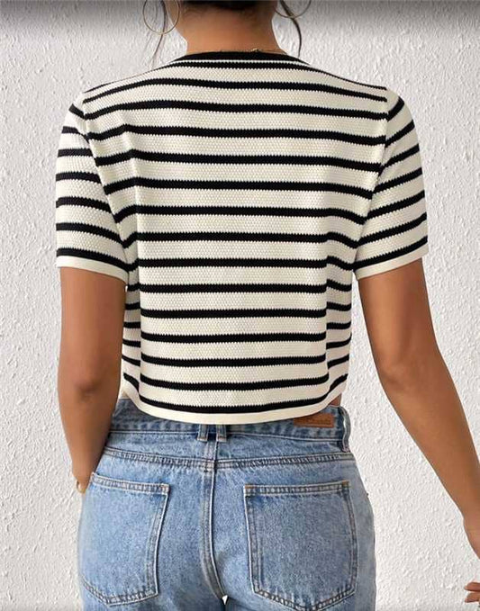 Striped Cropped Knit Top with Tie Front