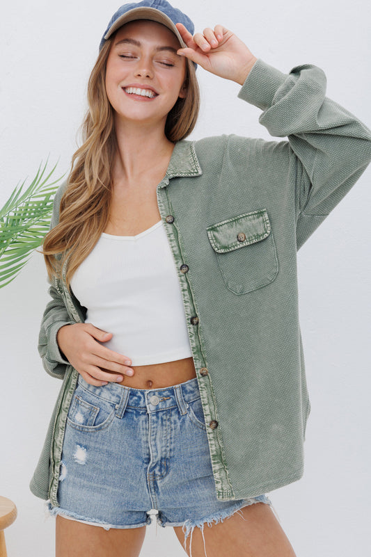 Washed Olive Waffle Knit Shacket
