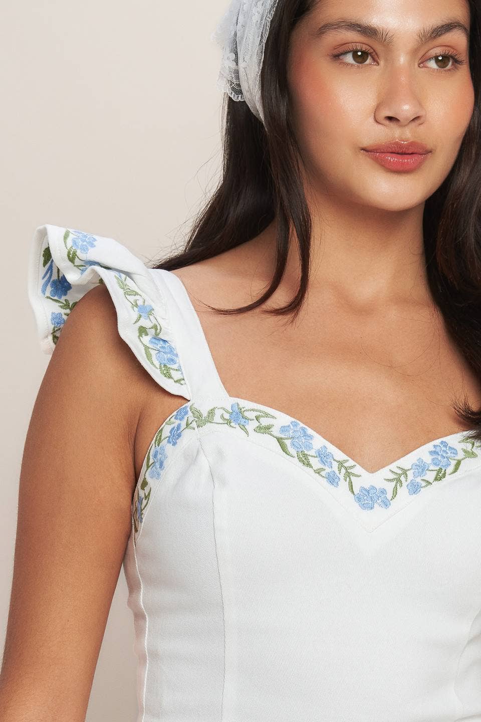 White Flutter Floral Denim Romper - Jade Creek Boutique