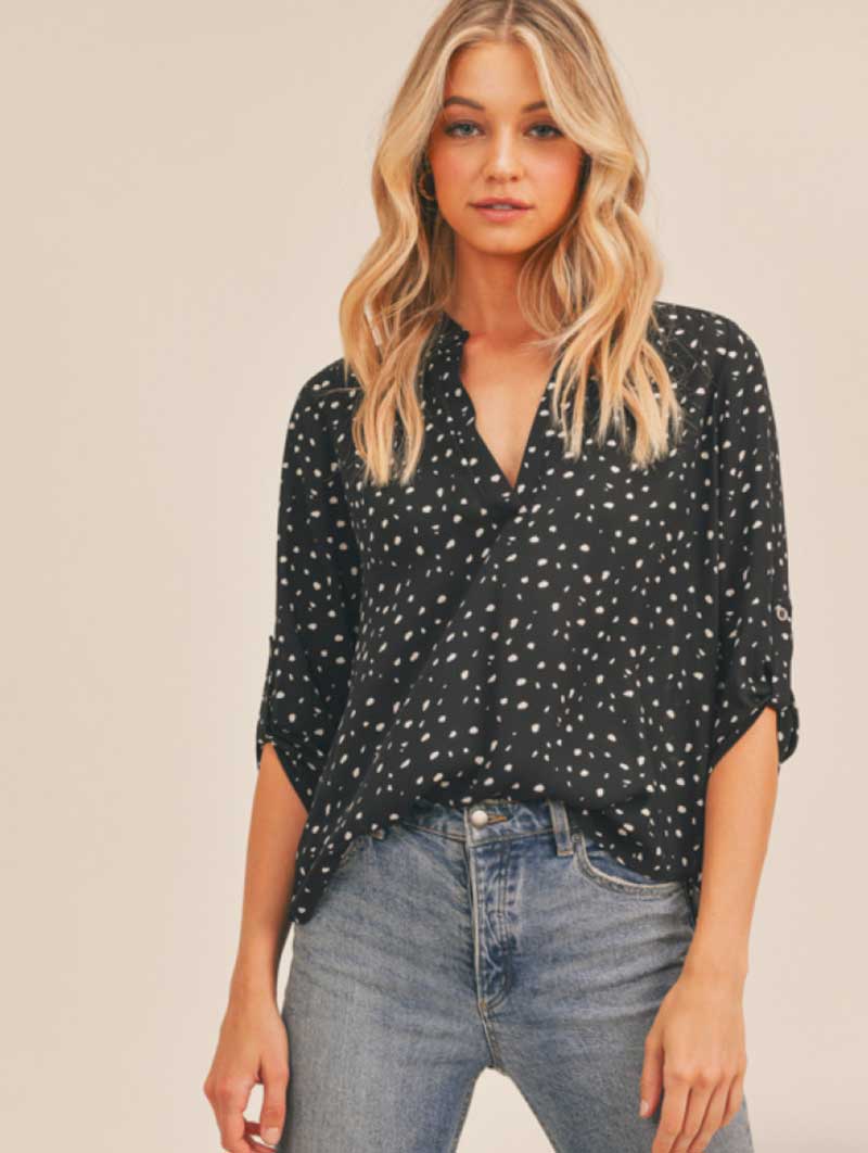 Ivory Dotted Black Button Up - Jade Creek Boutique