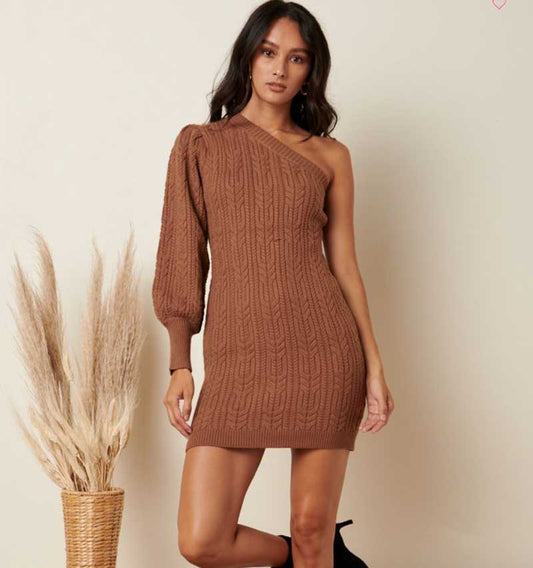 Caramel Knit One Shoulder Dress - Jade Creek Boutique