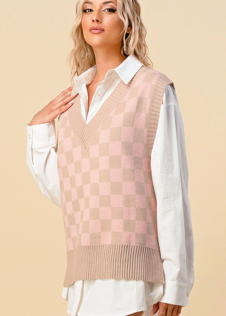 Blush Taupe Checkered Sweater Vest - Jade Creek Boutique