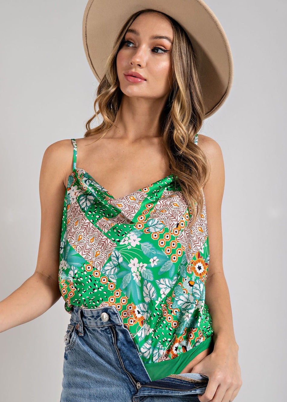 Green Exotic Floral Bodysuit - Jade Creek Boutique