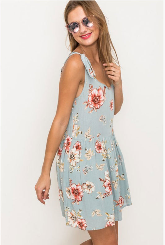 Mint Floral Print Shoulder Tie Dress - Jade Creek Boutique